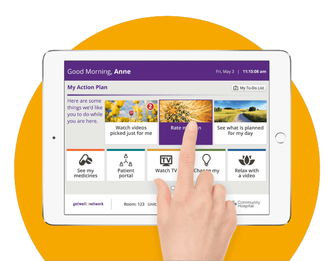 The Inpatient GetWellNetwork Product and interactive patient care systems tablet screen