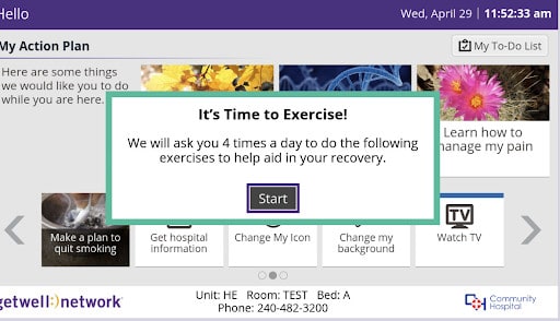 Digital Exercise Therapy prompt on GetWell Inpatient screen