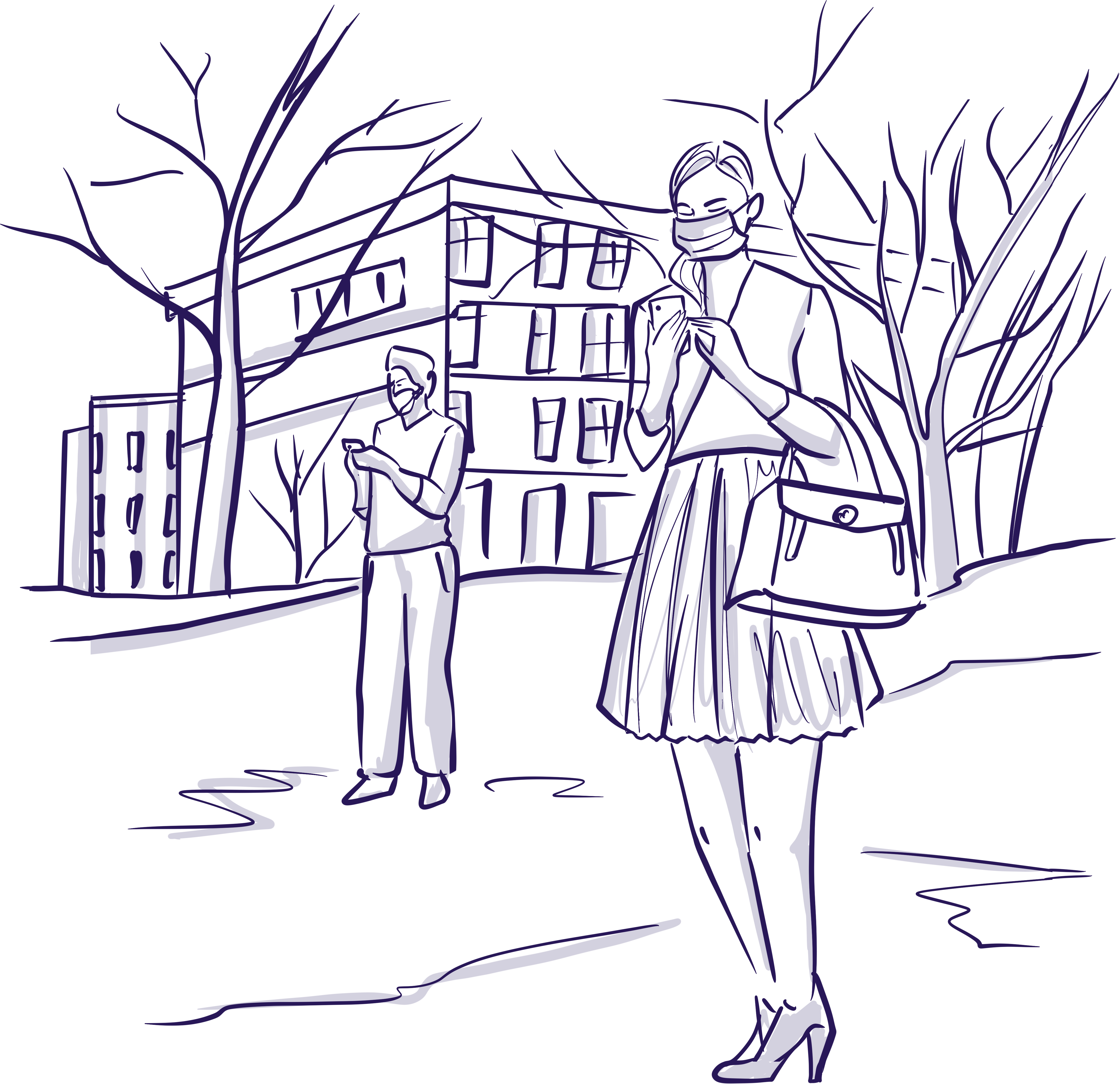 Illustration image of a woman and a man standing outside a building
