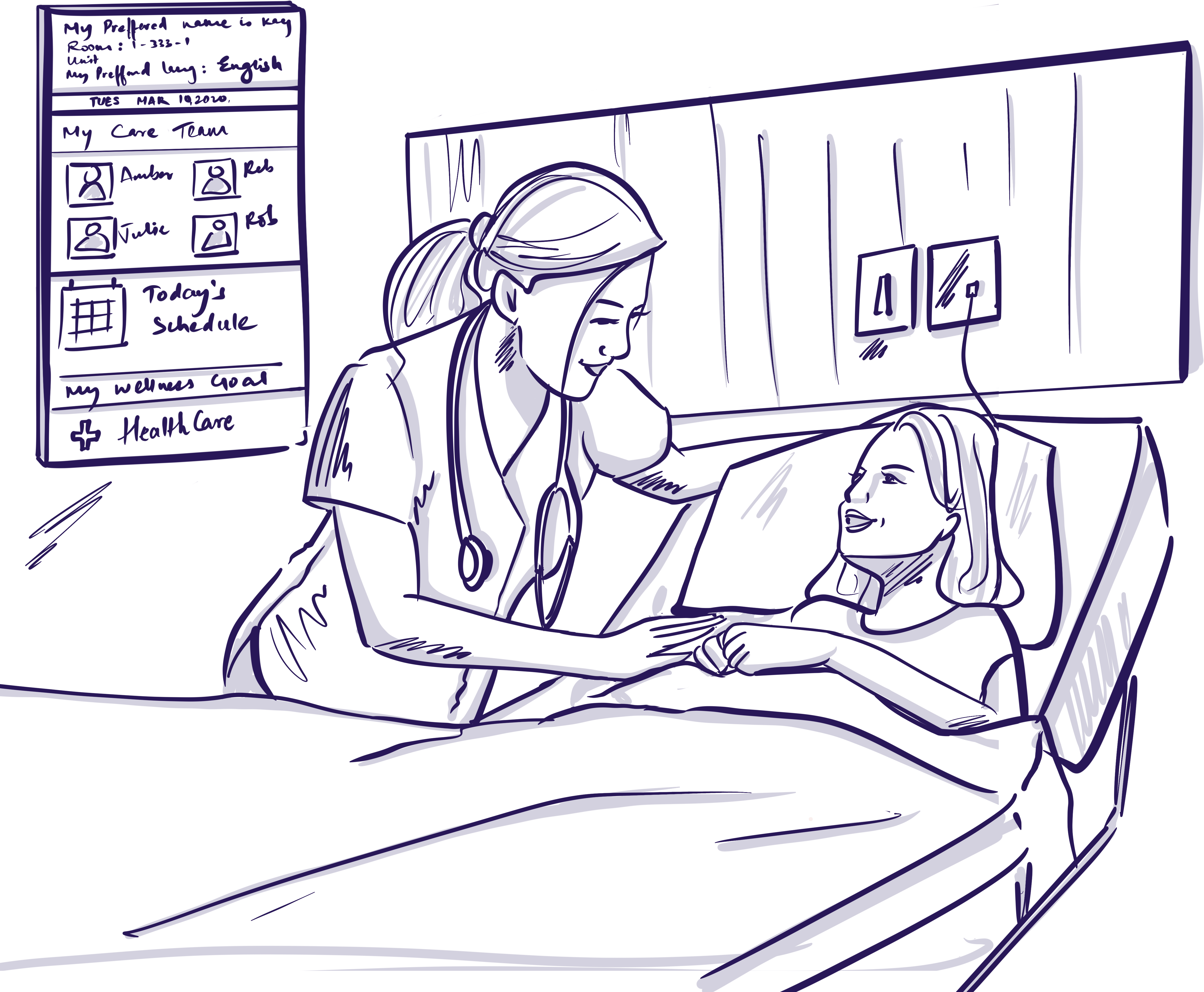 Illustration image of a woman checking on a young girl in a hospital bed