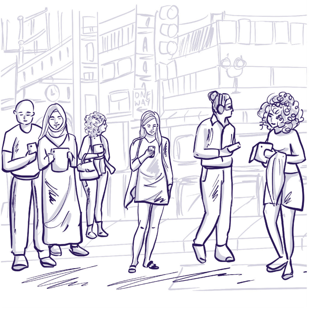 Illustration of people walking around a city street