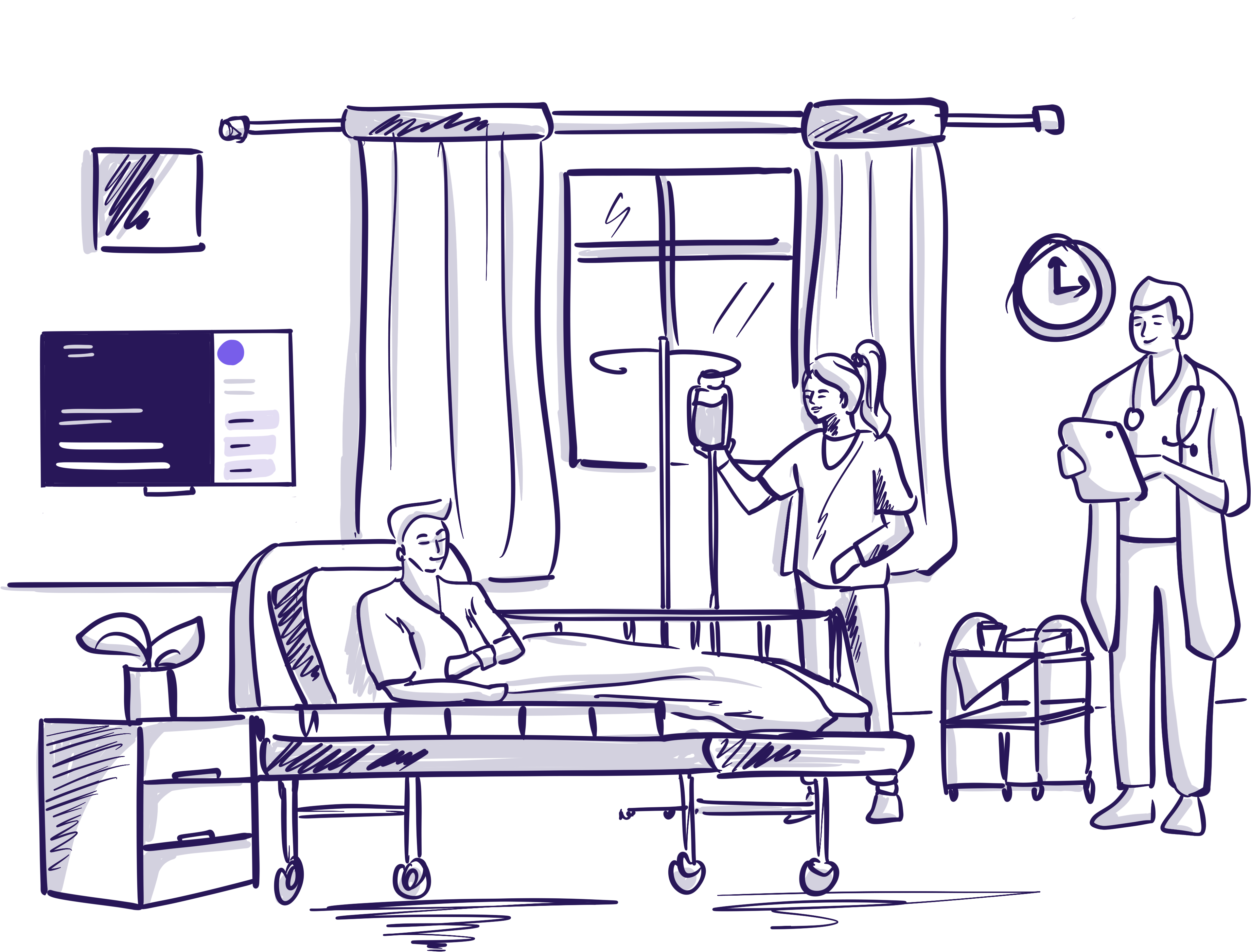 Illustration image of a man in a hospital bed, with a doctor and nurse in the room