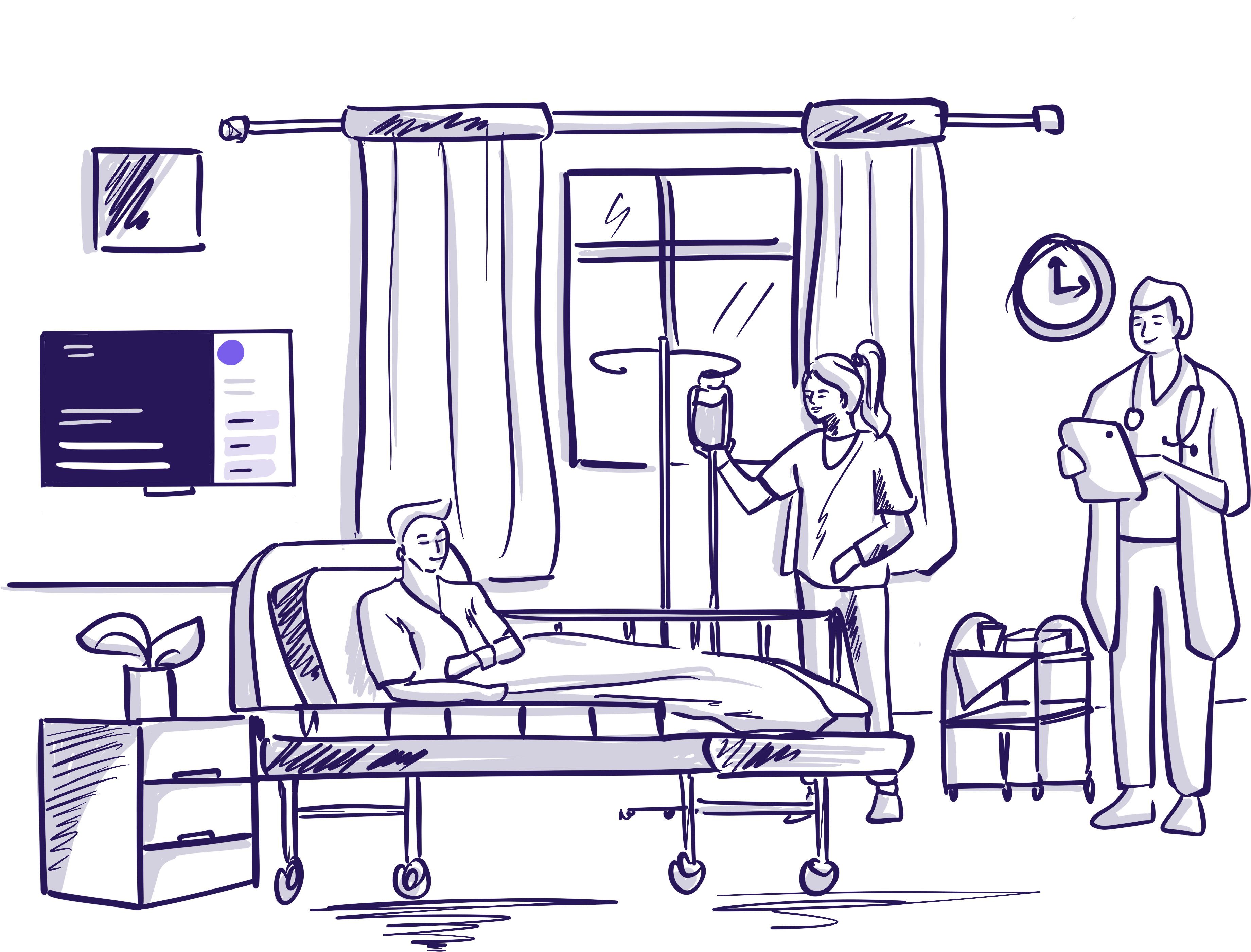 Illustration image of a man in a hospital bed, with a doctor and nurse in the room