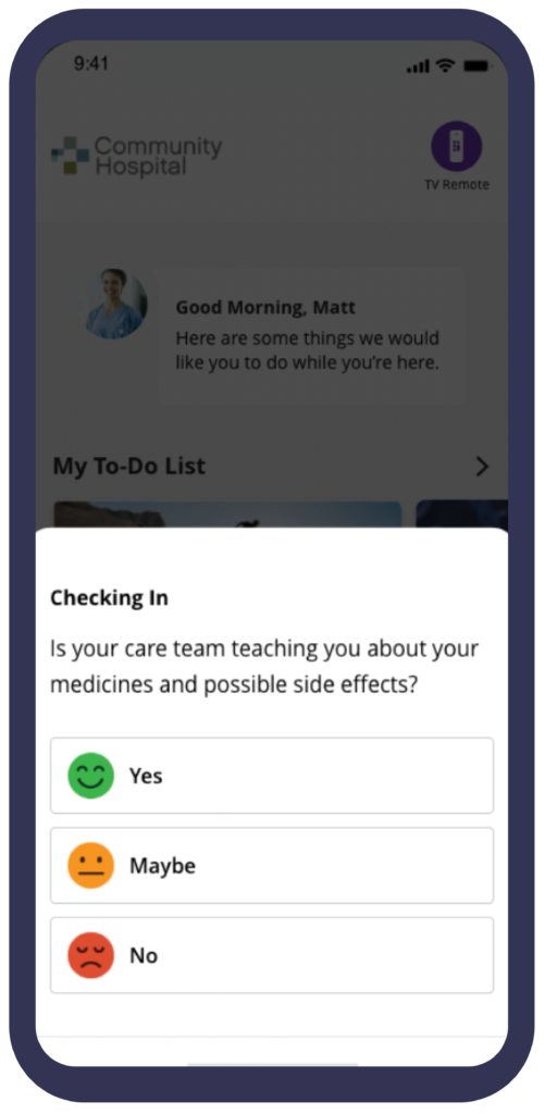 Screenshot of the Get Well hospital care team checkin software screen