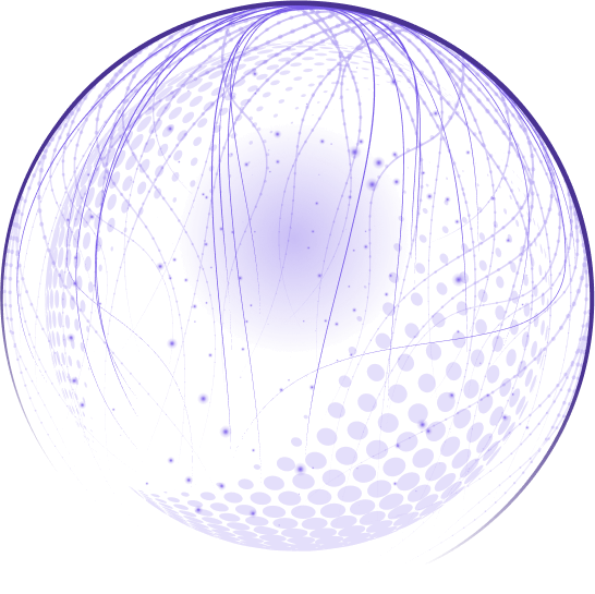 A purple sphere with a solid center is surrounded by intricate, overlapping, curved lines and dotted patterns forming an abstract, web-like design. The lines and dots vary in density, creating a complex, dynamic visual effect.