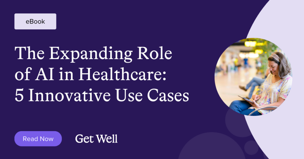 EBook cover titled "The Expanding Role of AI in Healthcare: 5 Innovative Use Cases" features a woman reading and sitting in a bright space. It includes a "Read Now" button and "Get Well" text on a purple background.
