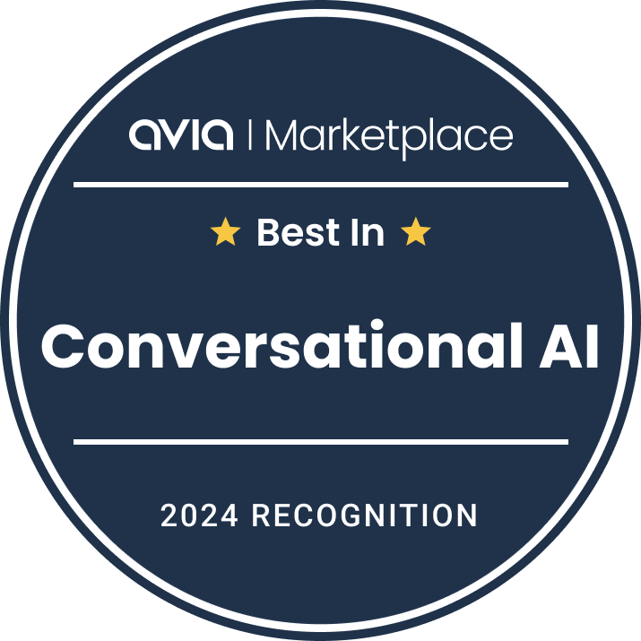 Badge with a blue circular background. Text reads, "AVIA Marketplace Best In Conversational AI 2024 Recognition," with two yellow stars.