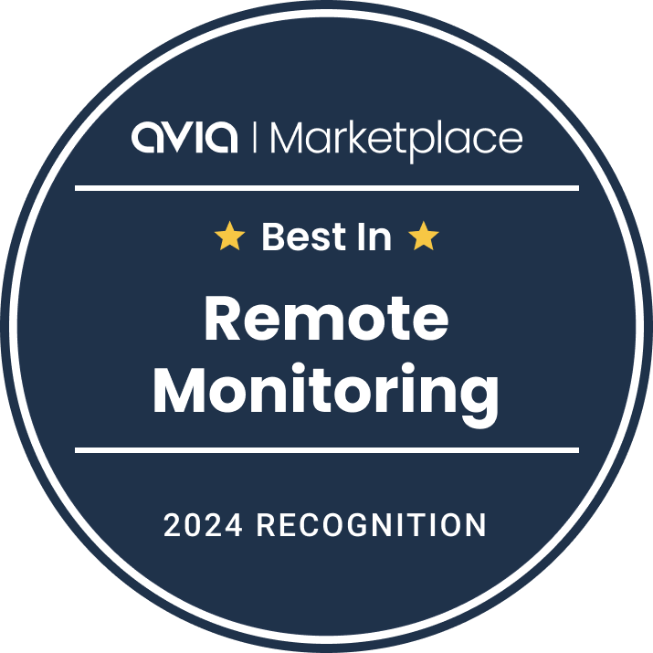 A circular badge with "AVIA Marketplace" on top. Below, it reads "Best In Remote Monitoring" with two stars on either side. The bottom states "2024 Recognition" against a dark blue background.