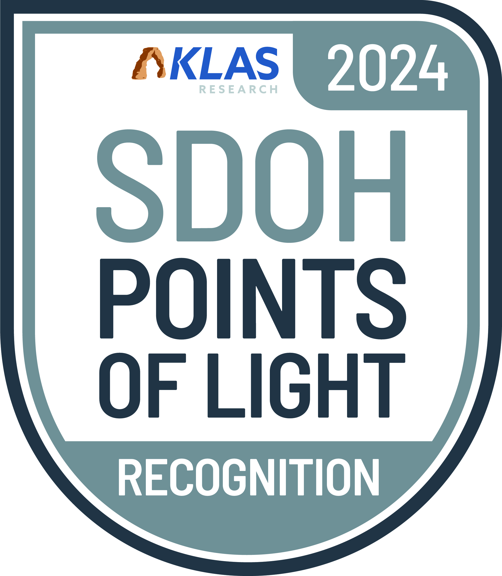 A shield-shaped icon displaying the text "KLAS Research 2024 SDOH Points of Light Recognition" with a stylized design.